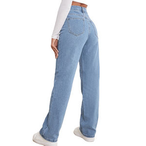 Jean en denim bleu clair taille haute pour femme, coupe large, ample, décontracté, en coton, style vintage - Product Image 6