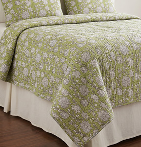 Handmade Printed Cotton Kantha Quilt Reversible Traditional Bedspread All Season <b>Comfort</b> Green Floral Pattern - Product Image 5