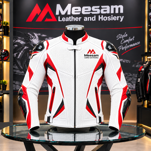 Chaqueta de Motociclista de Cuero Perforado Blanca y Roja para Hombre, Transpirable, de Verano, Premium, de Piel de Canguro - Product Image 1