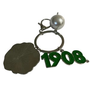AKA Silver Pearl Keychain with Pink Flower and Green 1908 <b>Charm</b> Pink & Green <b>Bag</b> <b>Charm</b> Key Ring Accessory - Product Image 1