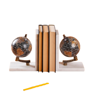 Traditional Marble Bookends with Globe Design 2Pcs Stone Book Holder Decorative World <b>Map</b> Pattern Round Shape Metal Handicraft - Product Image 1