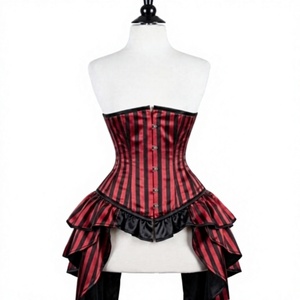Corset gainant respirant à haute compression pour femme, à rayures rouges et noires, en brocart, avec volants et baleines en acier, pour le sport quotidien - Product Image 1