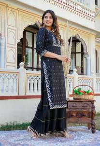 Rayon Geometrical Printed Black Women's Summer Ethnic Wear <b>Kurti</b> Customized Logo Quick Dry Recycled Materials Stylish - Product Image 6