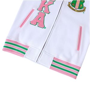 AKA White Fleece Letterman <b>Jacket</b> <b>Pink</b> Green Trim Varsity Style Unisex Warm Outerwear Fashion <b>Jacket</b> Apparel Collection - Product Image 5