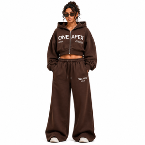 ONE APEX <b>Chocolate</b> Brown Full Length Zip Hoodie Tracksuit Women's Oversized Wide Leg Sweat Set Premium Cotton Fleece High Street - Product Image 1