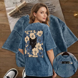 T-shirt en tricot unisexe à motif floral chat bleu délavé, col rond, épaules tombantes, manches courtes, coupe ample, 100 % coton, été - Product Image 5