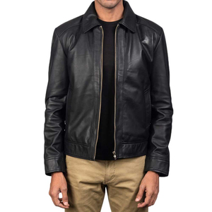 Men's Genuine Leather Jacket Turn-down Collar Zipper Closure Regular Fit Solid Color Autumn Wear Casual Style - Product Image 4