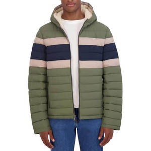 Men's Hooded Striped Puffer <b>Jacket</b> Polyester Wadding Windproof Casual Winter Wear Faux Fur Lining Zipper Closure Regular Fit - Product Image 1