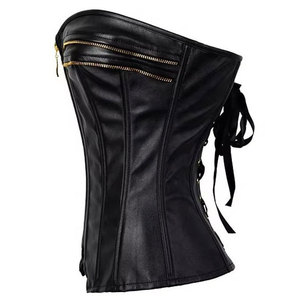 <b>Women's</b> Black Leather Corset <b>Waistcoat</b> with Zipper Closure and Lace-Up Back Casual Style Waterproof Outerwear Regular Length - Product Image 4