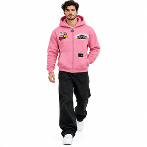 Sudadera con capucha rosa para hombre, con cremallera, forro polar, pedrería y estampado gráfico - Product Image 4