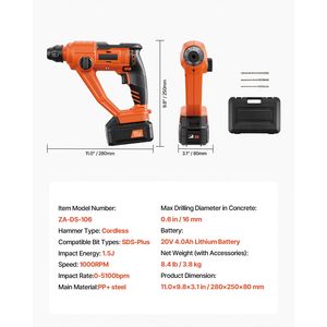 Trapano a percussione rotativo a batteria 20V, leggero, agli ioni di litio, con attacco SDS Plus da 0,6 pollici, kit di utensili elettrici con batteria - Product Image 4
