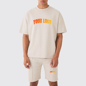 Ensemble T-shirt et short en coton surdimensionné pour homme avec logo imprimé sur le devant, tenue décontractée, manches courtes, col rond, coupe jersey - Product Image 1
