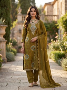 Nouveau Salwar Kameez pakistanais de créateur, modèle lourd imprimé et orné de broderies Khatli, avec Dupatta pour femme - Product Image 4