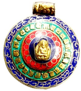 Pendentifs en alliage avec mantra bouddhiste tibétain, plaqués argent antique et turquoise - Product Image 5