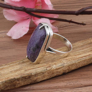 Anillo de Charoita Natural al por Mayor, Anillo de Plata de Ley 925 con Gema de Charoita Rectangular para Mujer, Anillo de Piedra Siberiana Rara, Estilo Boho - Product Image 2