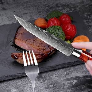 6-Piece Steak <b>Knife</b> <b>Set</b> with Damascus Blade Pattern and One of a Kind Crimson Red Epoxy Resin Handles - Product Image 5