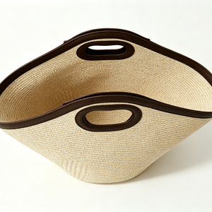 Customized natural <b>straw</b> cut‑out handle tote <b>bag</b>, dark brown faux leather trim, trapezoid wide silhouette, woven summer <b>beach</b> - Product Image 3