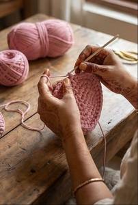 Bolso de Mano de Ganchillo con Corazón Étnico para Mujer - Bolso de Hombro Boho Rosa Empolvado con Dos Correas y Perlas, Tejido de Cordón de Algodón - Product Image 6