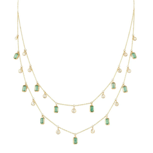 18K White Gold Emerald and Diamond Double Chain Charm Necklace VVS1 Clarity Wedding - Product Image 2