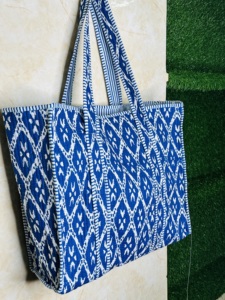 Handmade Quilted <b>Tote</b> <b>Bag</b> | Navy <b>Blue</b> & White Geometric Cotton Shoulder <b>Tote</b> <b>Bag</b> | Large Everyday Shopping & Travel <b>Tote</b> <b>Bag</b> - Product Image 2