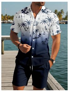 Ensemble assorti homme imprimé feuilles de palmier, chemise à manches courtes et short de plage, tenue décontractée estivale colorée, ensemble deux pièces homme assorti - Product Image 2
