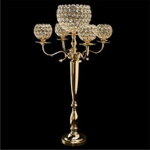 Candélabre élégant à 5 têtes en cristal, support de bougie en métal plaqué or, centre de table de luxe pour mariage et décoration d'hôtel - Product Image 3