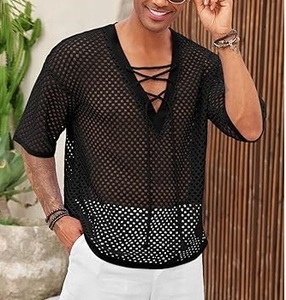 Camiseta de malla negra transparente con hombros caídos, blusa sexy para discoteca y baile, top de moda. - Product Image 2