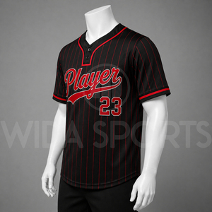 Maillot de baseball personnalisé en gros, noir et rouge rayé, col en V, manches courtes, anti-humidité, 100 % polyester, uniformes d'équipe pour hommes - Product Image 3