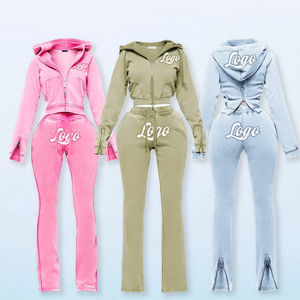 French Terry Zip up Hooded Jacket Pants Custom Vintage Acid Wash Blank Two Piece <b>Sweatpants</b> and Crop Hoodie <b>Women</b> Set's - Product Image 2