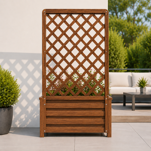 Jardinera de madera con celosía y pantalla de privacidad para patio exterior, macetero elevado decorativo para jardín, soporte para plantas marrón - Product Image 3