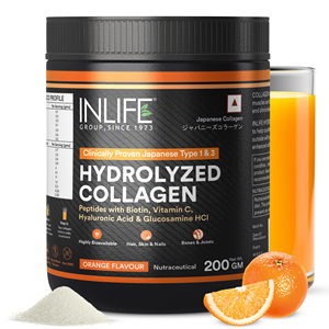 Poudre de peptides de collagène hydrolysé avec vitamine C, acide hyaluronique et glucosamine – Saveur orange - Product Image 1
