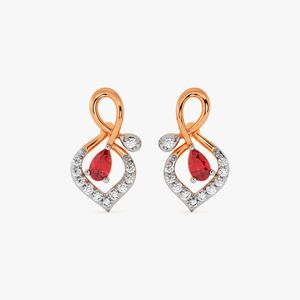 Boucles d'oreilles clous en or rose avec diamant de laboratoire et rubis, motif floral en forme de poire - Product Image 1