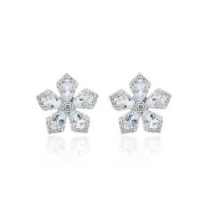 18K Gold Plated Aquamarine Flower Stud <b>Earrings</b> with Diamond Pearl & Zircon Accents - Product Image 3