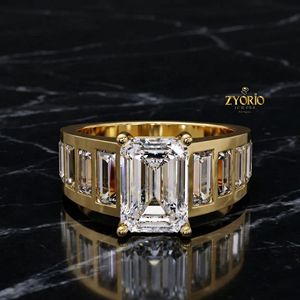 Emerald Cut Engagement <b>Ring</b> in 925 Sterling Silver Wide Band Baguette Accent <b>Statement</b> <b>Ring</b> - Product Image 2