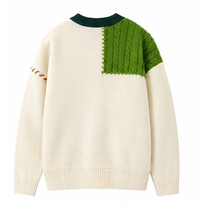 Men's Patchwork Knitted Pullover <b>Sweater</b> Full Sleeve Regular Fit Spliced Design Autumn Wear Green Brown Cream Color - Product Image 2