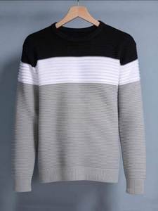 Suéter de Punto Plisado con Cuello Redondo y Bloques de Tres Colores para Hombre, 100% Poliéster, para Otoño e Invierno, Estilo Casual - Product Image 1