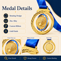 Médaille rotative en alliage de zinc plaqué or, gravée sur mesure, avec logo 3D émaillé, pour badminton et tennis de table, prix d'usine