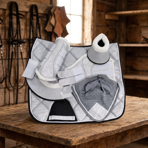 Ensemble de tapis de selle de dressage tout usage en coton respirant avec doublure en polaire et insert en maille gris et blanc - Product Image 6