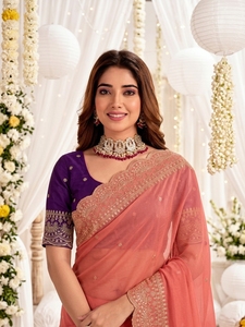 Sari de Seda Coral para Mujer, Blusa Morada, Traje Tradicional Indio para Boda, Largo hasta el Suelo, Corte Regular, Elástico, Protección Solar - Product Image 6