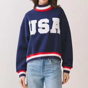 Women's USA Letter Print Crew Neck Sweatshirt Oversized Long Sleeve Knitted Pullover Blue Red White Trim Autumn Wear - Product Image 3