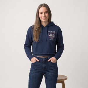 Twin City <b>Women's</b> <b>Navy</b> Hooded Sweatshirt Embroidered Logo Front Short Length Regular Fit Autumn Wear - Product Image 4