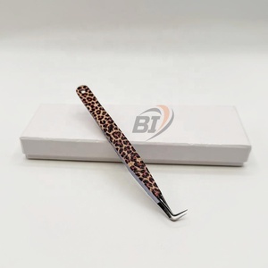 90 Degree Black Plasma Pointed Tip Eyelash Extension Tweezers Leopard Print Custom Logo Hand Tested Fiber Tip Lash Tweezers - Product Image 1