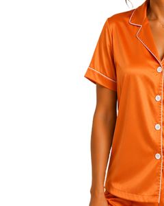 Conjunto de Pijama de Satén Naranja Personalizado para Mujer, Ropa de Dormir de Seda con Bordado de Osito de Peluche, Conjunto de Pijama Suave de Manga Corta - Product Image 3