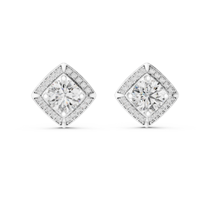 Boucles d'oreilles clous en or jaune 14 carats avec halo carré de diamants, taille brillant rond central, bijoux de luxe géométriques pour femme - Product Image 2