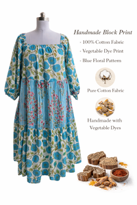 Robe longue personnalisée pour femme, imprimée à la main avec motifs floraux, col rond élastique, manches longues, style Kali Gadder à volants, tenue décontractée en coton - Product Image 3