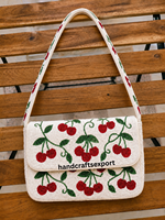 Sac bandoulière pour femme, artisanal, à motif cerise perlé, style bohème, avec rabat magnétique, logo personnalisé, robuste, professionnel, de luxe, portable