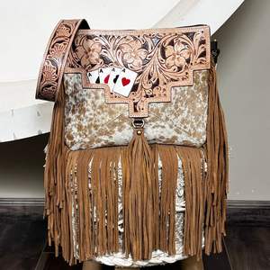 Western 2026 Stylish Hand Tooled Cowhide Leather Fringe Crossbody Bags Handmade Poker Card Design Cowgirl Boho Shoulder Purse - Product Image 4