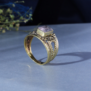 Rose Quartz Bohemian Flower Statement <b>Ring</b> <b>Gold</b> Plated Brass Unisex Wedding Engagement <b>Ring</b> for Religious Occasions - Product Image 2