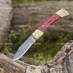 Cuchillo Plegable de Damasco Forjado a Mano con Empuñadura de Madera Pakka y Bolster de Latón Grabado, Cuchillo de Bolsillo, Venta al por Mayor OEM ODM Directo de Fábrica - Product Image 5