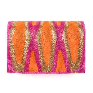 Handmade Beaded <b>Clutch</b> <b>Bag</b> <b>Pink</b> <b>Orange</b> Gold Ikat Pattern Rectangle Shape Fashion Accessory - Product Image 1